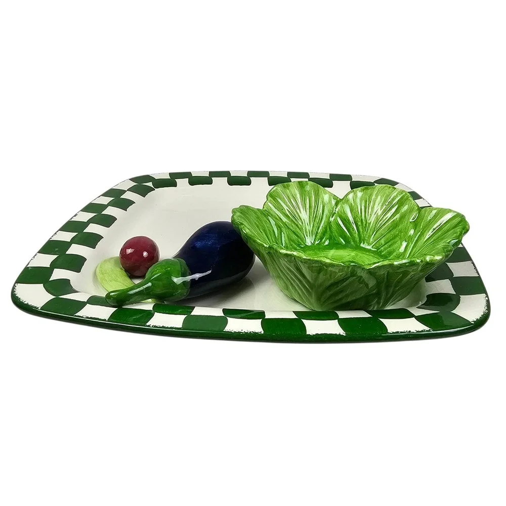 Cali Chip and & Platter Green Checkered Vegetable Cabbage Eggplant Serving‎ Tray